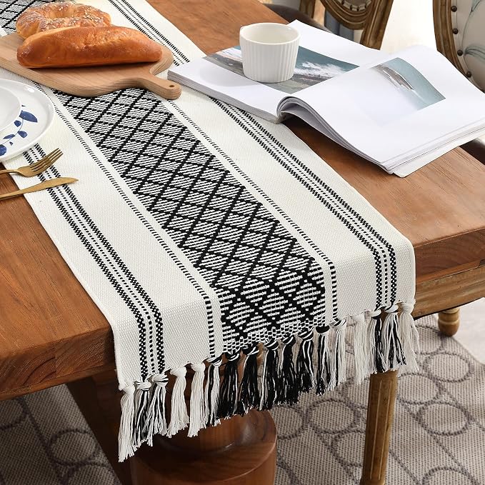 Wracra Boho Woven Table Runner 14 x 48 inches Black and White Rustic Table Runners Modern Farmhouse Style Vintage Rustic Table Runner with Tassels for Dresser Home Dining Table Decor(Black, 48")
