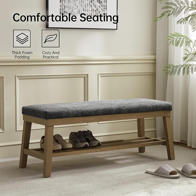 VKNOW Entryway Bench, 44.4" Upholstered Shoe Storage Bench for Entryway & Bedroom, Shoe Bench with Rubberwood Legs, Modern End of Bed Storage Bench for Living Room and Hallway, Black