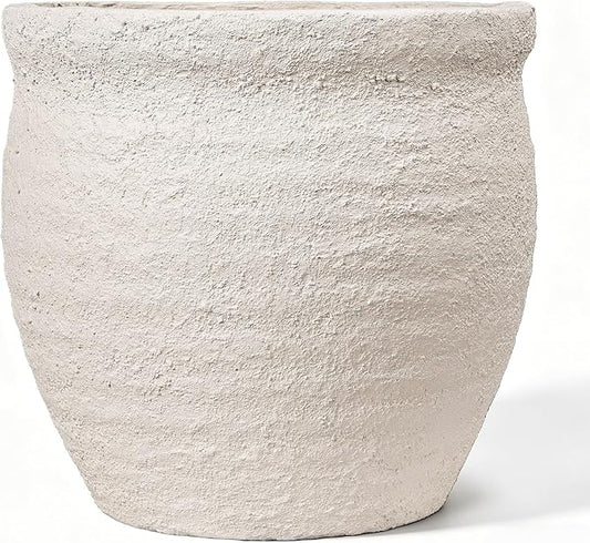 9" Dia Fiberstone Planter – Modern Farmhouse Indoor/Outdoor Flower Pot, Beige Decorative Plant Pot with Grainy Matte Texture & Drainage Hole for Patio, Porch, Garden, Home Décor