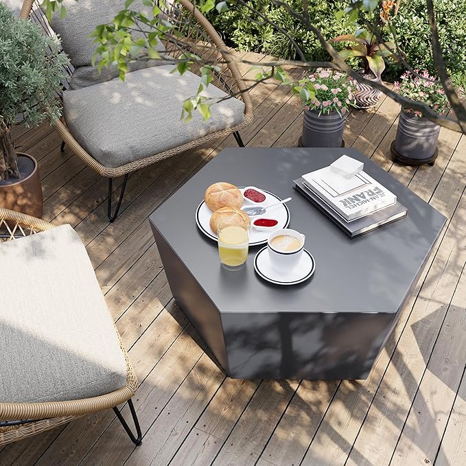 UPHA 35" Hexagon Outdoor Coffee Table, Modern Hollow Concrete Patio Table, Small Minimalist Low Accent Table for Living Room, Balcony, Deck, Backyard, Dark Gray