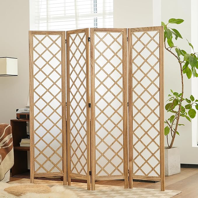Decorative Japanese Shoji Screen Room Divider, 4-Panel Diamond Lattice Partition, Lightweight Folding Privacy Screen for Bedroom, Beige, 67" H x 64" W