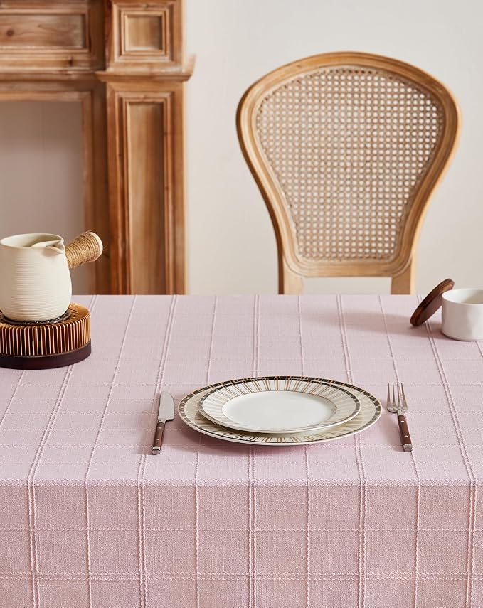 ZeeMart Linen Checked Table Cloth 60x104 Inches (Fit 6ft–7ft, Narrow Fit 8ft Rectangle Table), Farmhouse Style Plaid Embroidered Water Resistant Table Cover, Pink
