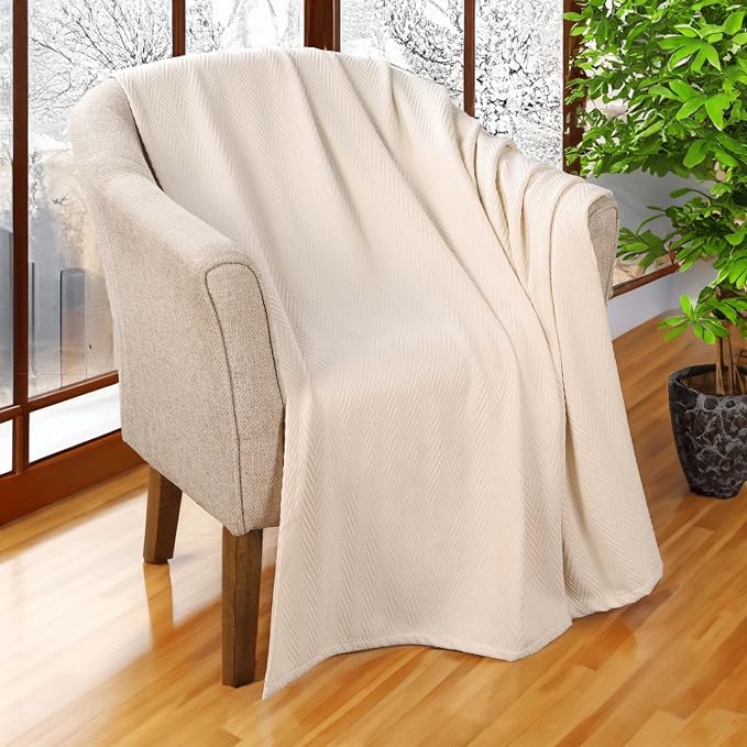 Superior Metro All-Season Cotton Blanket, Woven Blanket for Couch, Bed, Bedding, Farmhouse, Home Essentials, Cute and Cozy Bohemian Blankets, Herringbone Weave, Throw Size, Ivory