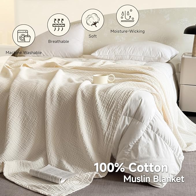 Simple&Opulence 100% Cotton Muslin Blanket Queen Size, Lightweight Breathable 4 Layering Gauze Blanket for Bed Couch Camping, Soft Bedspread Coverlet All-Season Use (Off White, 88" x 92")