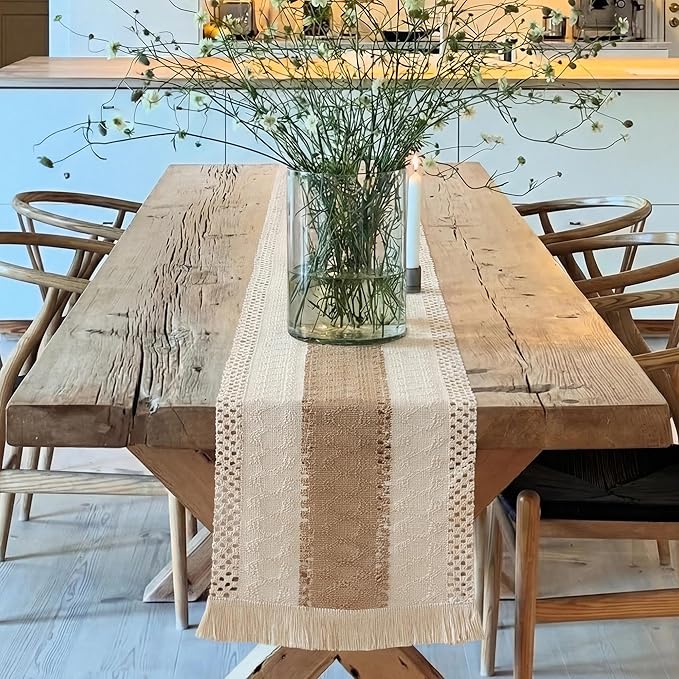 Farmhouse Decor Boho Table Runner with Macrame, Elegant Beige Brown Coffee Table Runners 72 Inches Long, Rustic Home Decor Boho Decorations for Dining Room Kitchen Baby Bridal Shower (12"×72")