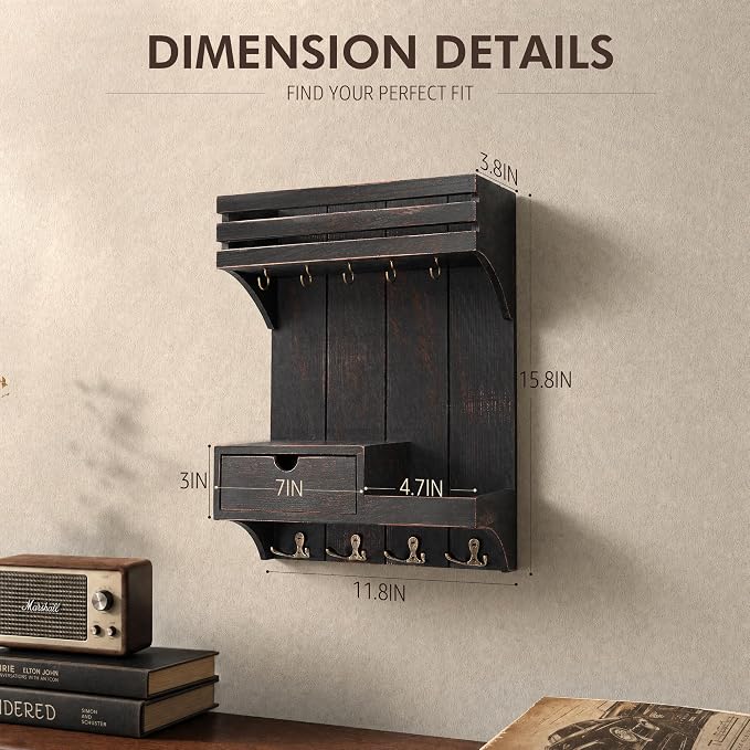 Rebee Vision Pine Wood Key Holder Wall Mount with Small Drawer Organizer - Farmhouse Key Holder for Wall with 9 Hooks - Ideal Mail Organizer for Entryway, and Bedroom (Distressed Black)