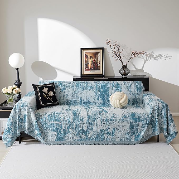MEETSKY Boho Couch Cover for 2 Cushion Couch Sofa, Chenille Sofa Cover for Sectional Sofa, Modern Khaki Abstract Jacquard Sofa Covers Washable Sofa Slipcover for Pets Friendly, 91" X118",Blue
