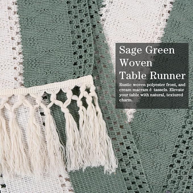 yuboo Sage Green Table Runner 72 Inches for Boho Farmhouse Decor, Cotton Woven Table Runners with Tassels for Gender Reveal Party, Rustic Green Dining Table Decor for Wedding & Baby Shower