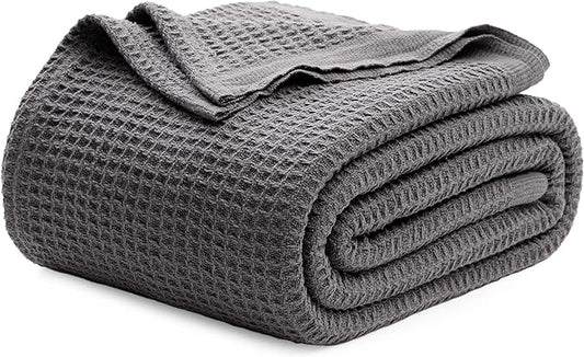 Bedsure 100% Cotton Blanket Full Size for Bed - Breathable and Soft for Summer, Thick Cozy Waffle Weave Blanket Gifts for Women, Dark Grey, 80x90 Inches