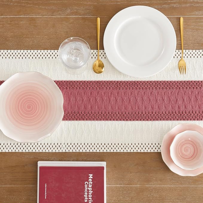 ZeeMart Macrame Style Bicolor Stitching Table Runner, 14 x 72 Inch Dusty Rose/Ivory, Boho Pink Table Runners 72 Inches Long, Farmhouse Woven Home Decor