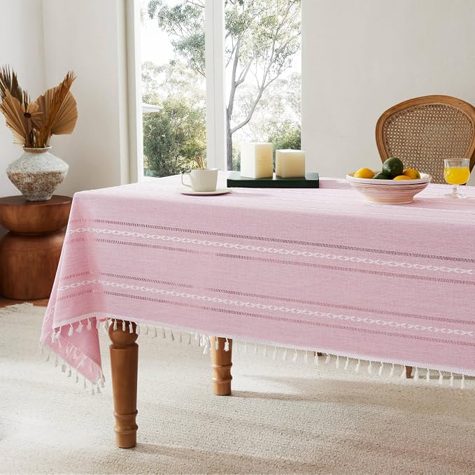 ZeeMart Hemstitched Embroidery Striped Boho Tablecloth 60x104 Inch Pink, Heavy Weight Farmhouse Burlap Linen Pink Tablecloth, Wrinkle Resistant Washable Table Cloth for Rectangle Table