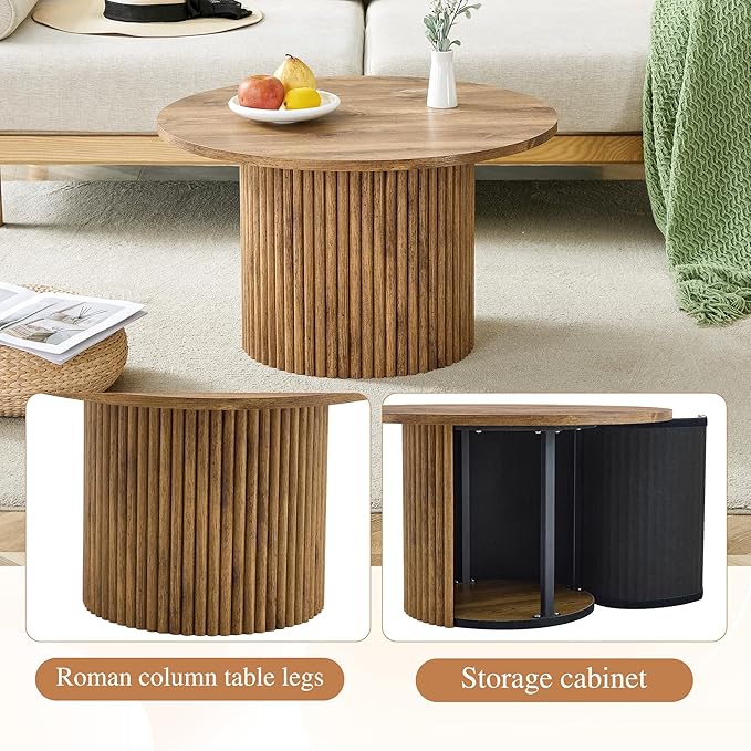 JUFU Round Coffee Table with Storage, 27.5IN Minimalist Fluted Coffee Table Circle Wood Center Table for Living Room (Wooden Coffe Table)
