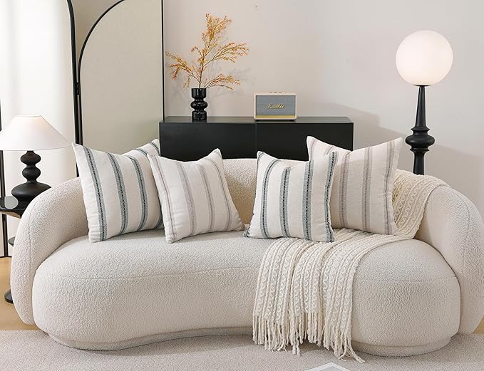 Cethom Boho Throw Pillow Covers 22x22 Set of 2, Beige and Black Striped Decorative Pillow Cases for Couch Chair Bed, Textured Farmhouse Accent Cushion Covers for Living Room Bedroom Sofa Home Decor