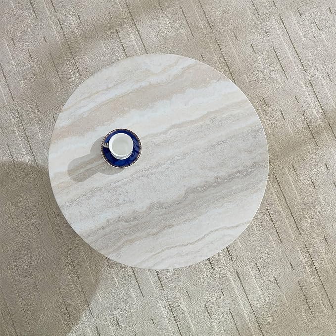 31.5" Round Coffee Table with Round Pedestal, Fiberglass Faux Marble Tabletop for Living Room, Modern Circle Center Table Tea Table for Apartment, Office, Beige Mars Pattern