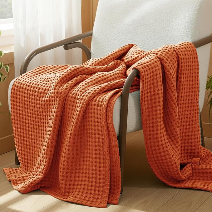 Exclusivo Mezcla Pre-Washed 100% Cotton Waffle Throw Blanket for Couch, 330GSM Lightweight Breathable Summer Blankets, Soft and Cozy, Room Decor, Burnt Orange, 50x60 Inches