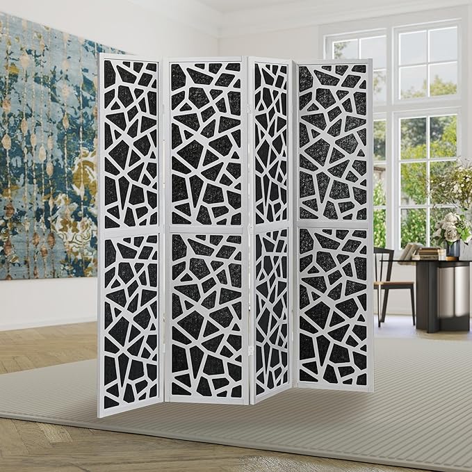 Roundhill Furniture Aurra 4-Panel Wood Room Divider, Folding Portable Partition Screen, Black Screen with Silver Frame