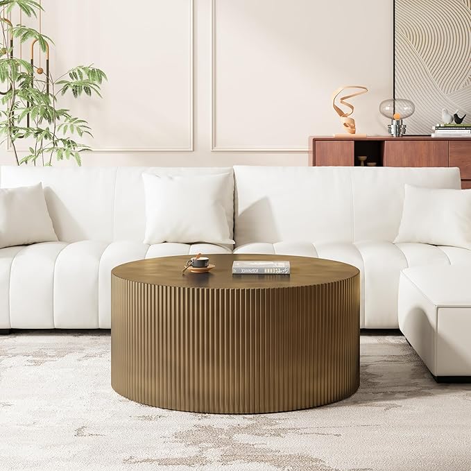35.83" Gold Round Coffee Table, Minimalist Wave Stripe Modern Round Table, Drum Circle Coffee Tables for Living Room,Office Apartment,Gold