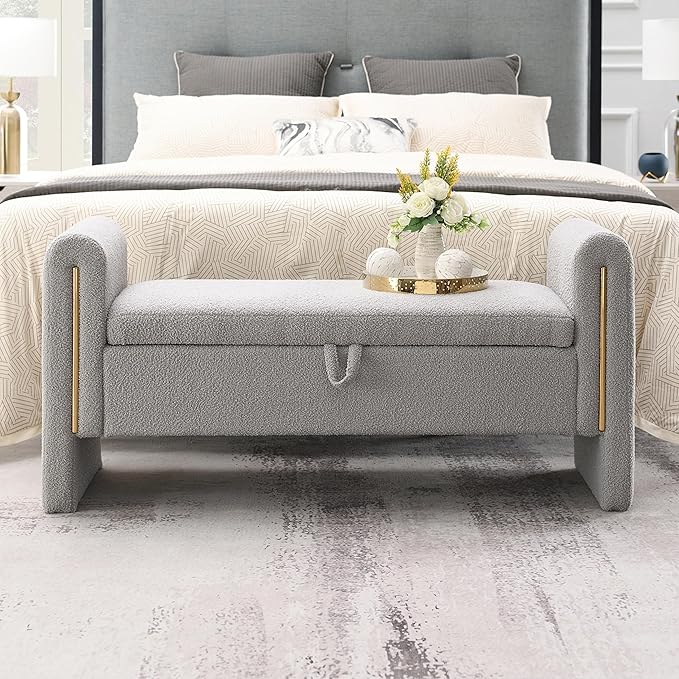 Christopher Knight Home Upholstered Storage Ottoman, Teddy Fabric Bench with Solid Wood Legs, Comfortable Foot Rest Stool, Storage Bench for Bedroom End of Bed, Living Room, Dorm, Dining Room, Gray