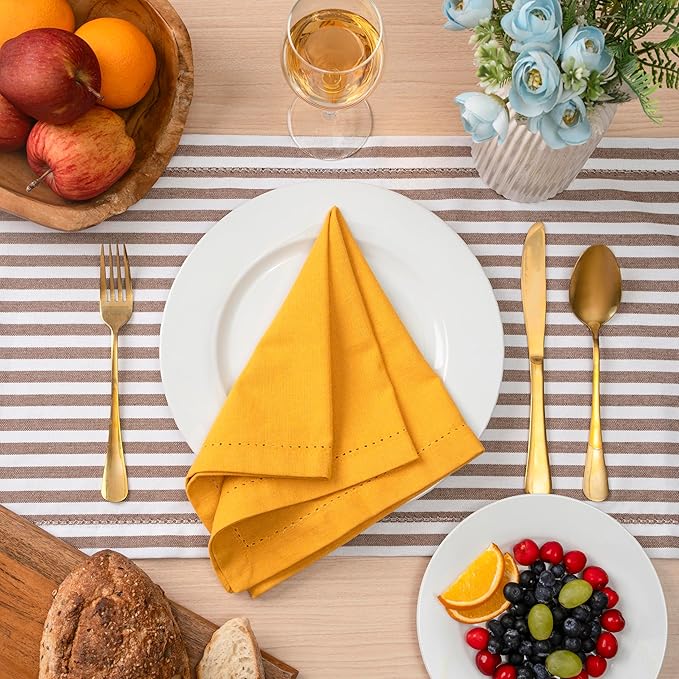 Blue Needles Set of 6 Hemstitch Linen Napkins 100% Cotton Golden Yellow Cloth Dinner Napkins 18x18 inches, Soft, Reusable Absorbent Washable, Ideal for Spring Summer Easter Parties & Everyday Use