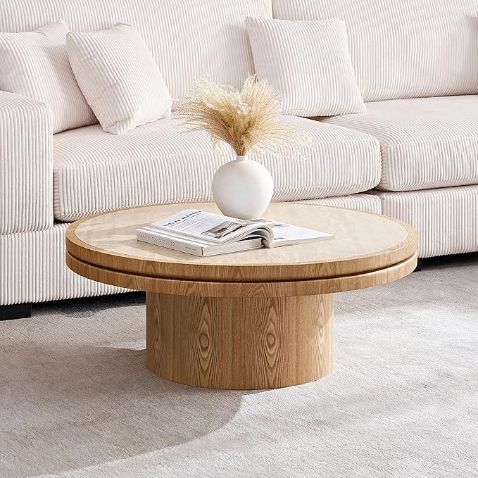 35.43" Farmhouse Round Coffee Table with Sintered Stone Tabletop, Sturdy Wood MDF Pedestal Coffee Tables for Living Room, Modern Circle Center Tea Table for Apartment, Office Bedroom Natural