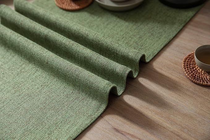 ZeeMart Burlap Style Farmhouse Table Runners 60 Inches Long, Green Rustic Woven Dining Table Runner for Everyday Use, 14x60 Inches, Grass Green
