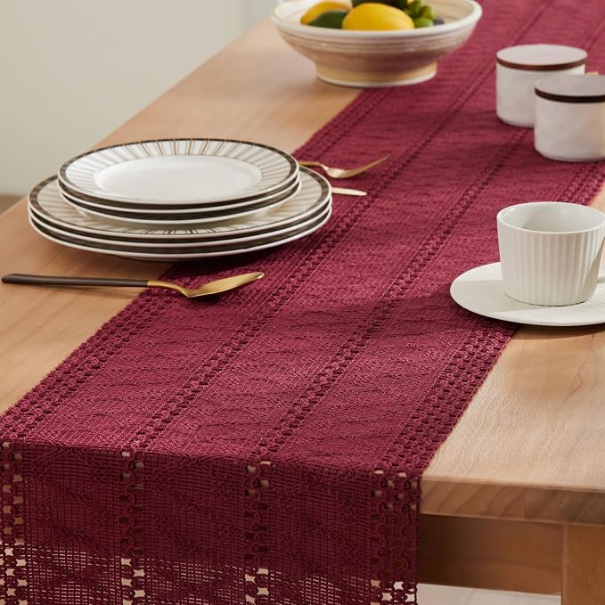 ZeeMart Macrame Style Boho Table Runner, Burgundy Red Table Runners 36 Inches Long, Farmhouse Woven Home Decor, 12x36 Inch, Burgundy