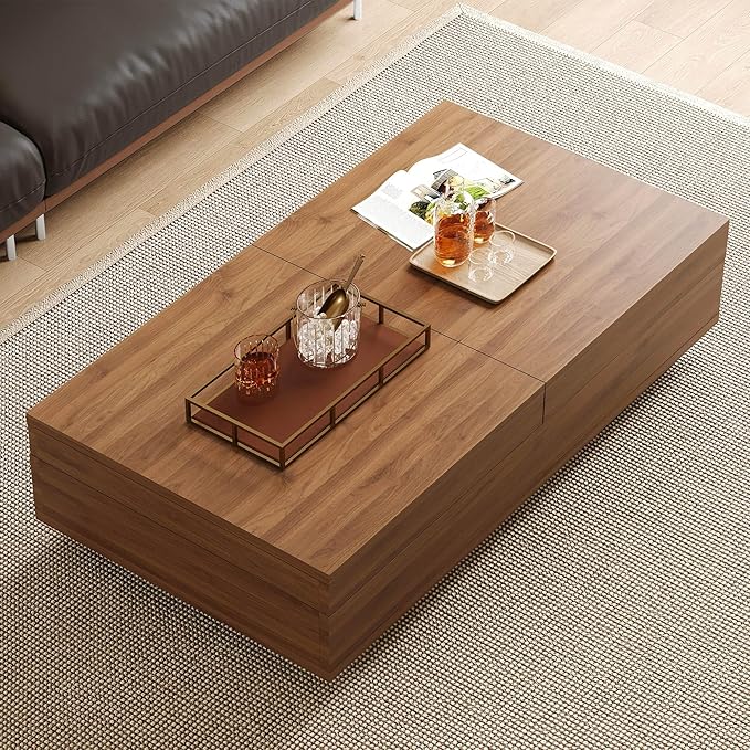 Mid-Century Modern Expandable Coffee Table, 47.2"-81.8" Adjustable Walnut Center Table with Large Hidden Storage for Living Room