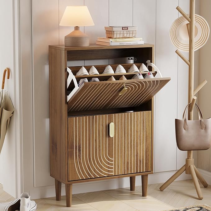 Shoe Storage Cabinet with 2 Flip Drawers, 23.6"(W) Freestanding Shoe Organizer with Metal Handles for Entryway, Narrow Shoe Rack Cabinet
