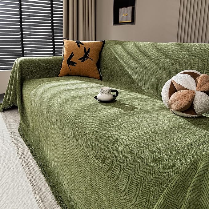 Chenille Couch Cover for Sofa Non Slip Cover Washable Pet Scratch Couch Covers Tassel Sofa Slipcover for 2 Cushion Couch Furniture Protector Blanket for Living Room,Green 71"x102"