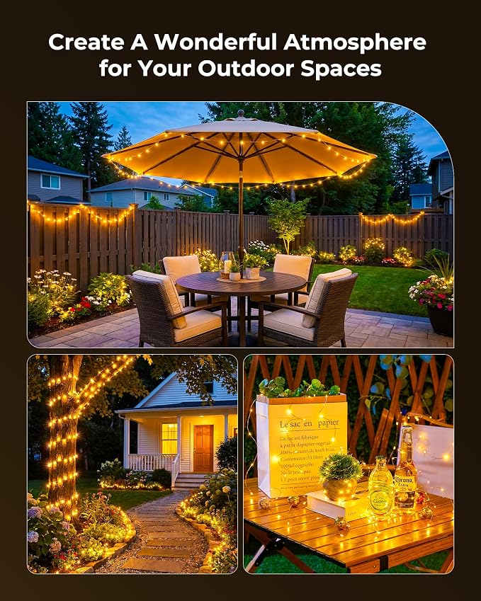 Minetom Solar Fairy Lights,33Ft 100 LED Solar String Lights Outdoor, IP65 Waterproof Patio Lights with 8 Modes for Tree Patio Christmas Party Wedding Decor (Warm White)