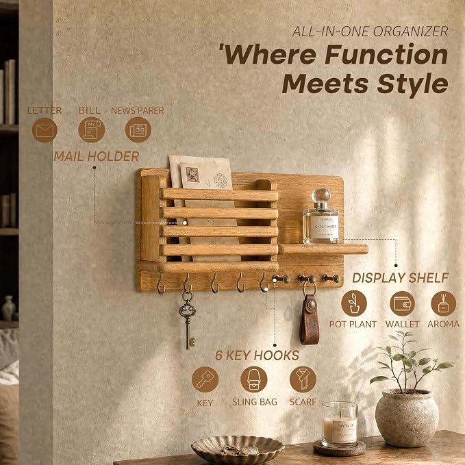 Rebee Vision Pine Wood Key Holder Wall Mount for Home Decor - Rustic Key Holder for Wall with Storage Shelf & 8 Hooks – Mail Holder for Entryway, Bedroom & Apartment Decor (Yellow)