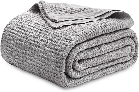 Bedsure 100% Cotton Blanket Full Size for Bed - Breathable and Soft for Summer, Thick Cozy Waffle Weave Blanket Gifts for Women, Grey, 80x90 Inches