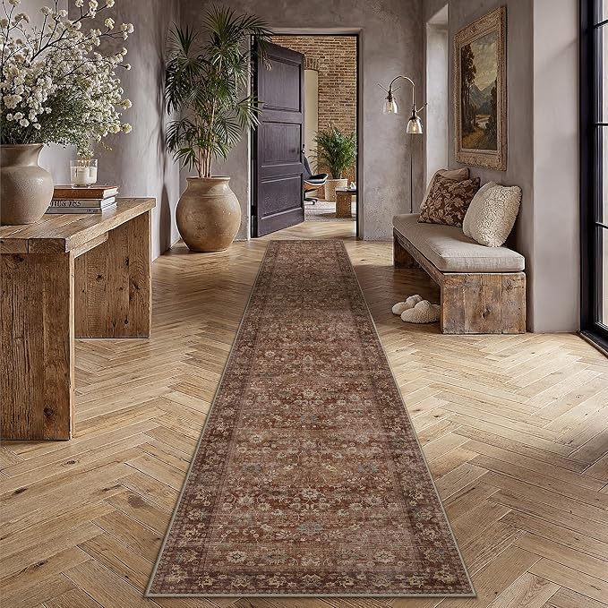 HUGEAR 2x12 Runner Rug Machine Washable Brick Red Hallway Area Rug Indoor Accent Rugs Floral Low Pile Carpet Soft Throw Rugs Bedroom Living Room Office Dining Kitchen Laundry Non Slip