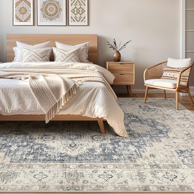 8x10 Area Rugs Living Room: Washable Boho Large Neutral Vintage Soft Rug Stain Resistant Distressed Farmhouse Non-Slip Indoor Floor Carpet for Bedroom Nursery Kids Office Dining Room- Brown Blue