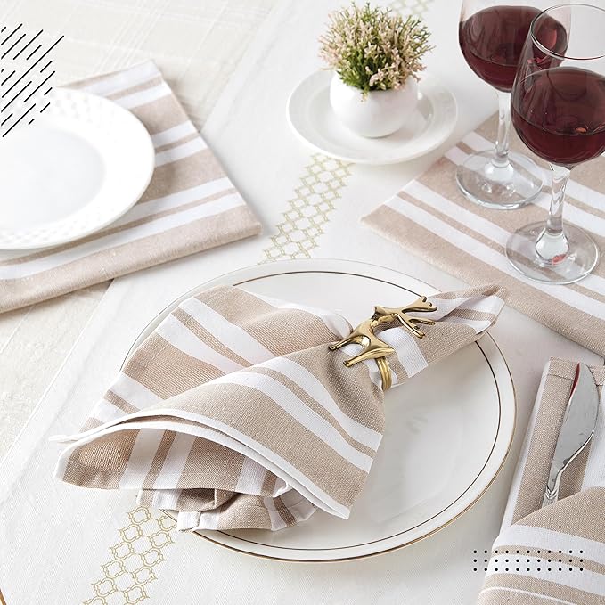 Encasa XO Cotton Cloth Napkins Set of 6, 17"x17" | Washable & Reusable Dinner Napkins Franca Beige Stripes Table Napkins for Farmhouse, Wedding, Holiday, Party & Everyday Dining