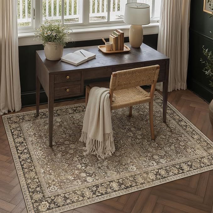 HUGEAR 5x7 Machine Washable Rugs Brown Hallway Area Rug Indoor Accent Rug Floral Mid Pile Carpet Soft Thicker Throw Aesthetic Rug Bedroom Living Room Office Dining Kitchen Laundry Non Slip