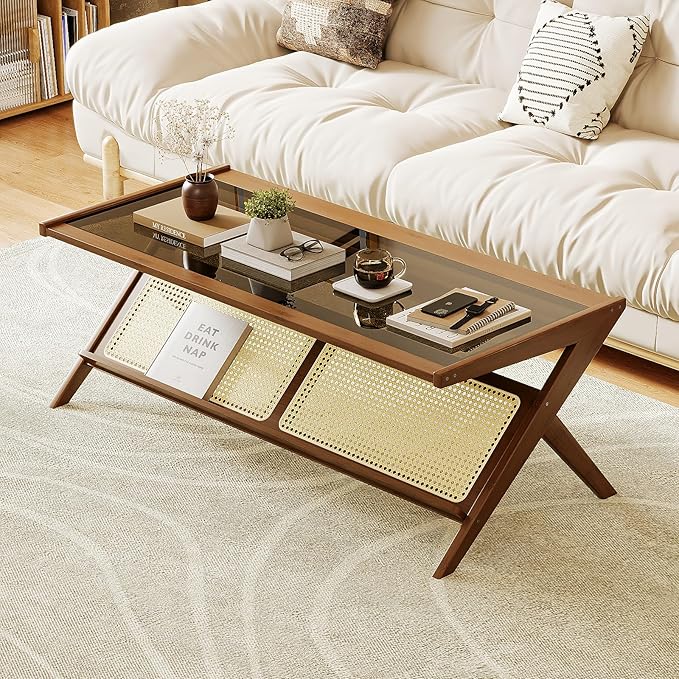 Bamworld Rattan Coffee Table with Glass Top Mid-Century Modern Center Table with Storage for Living Room Table Brown