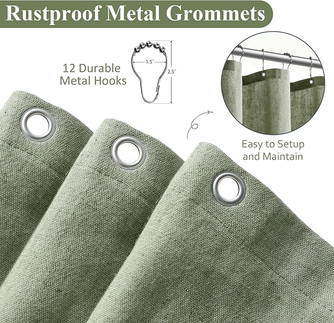 Naturoom Long Shower Curtain 90 inches Long, Linen Rustic Weighted Fabric Shower Curtain Set with Hooks, Bohemian Country Thick Bath Curtains for Bathroom,72x90,Sage Green
