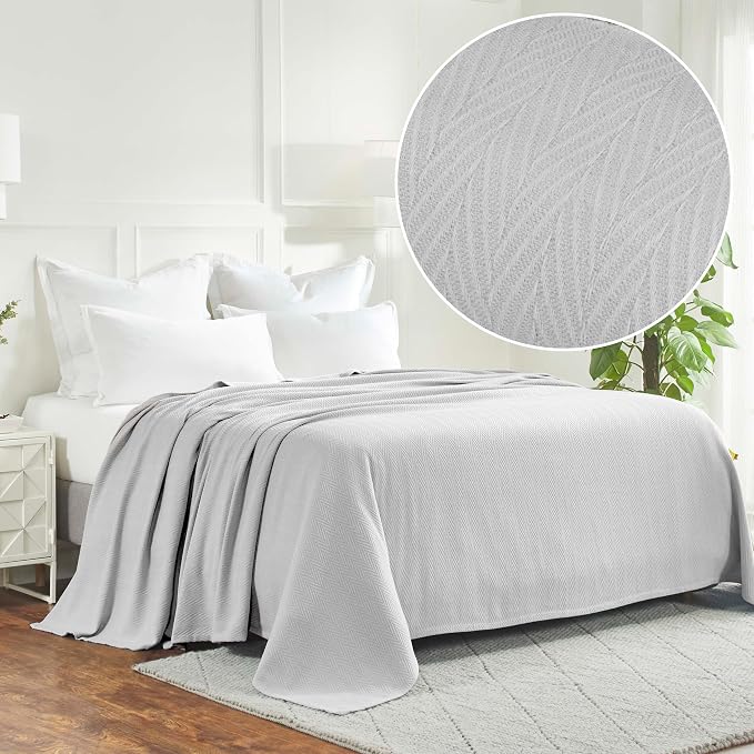 Superior Metro All-Season Cotton Blanket, Woven Blanket for Couch, Bed, Bedding, Farmhouse, Home Essentials, Cute and Cozy Bohemian Blankets, Herringbone Weave, California King, Silver