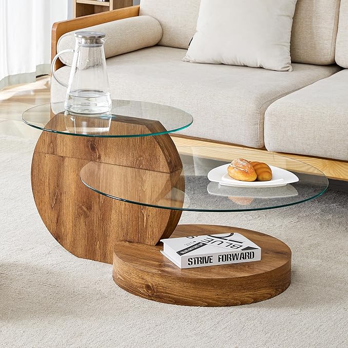 Glass Coffee Tables for Living Room Round Coffee Tables Modern Double Layer Round Table Circle Coffee Table for Small Space Home Office (35.4 Inch Dark Wood)