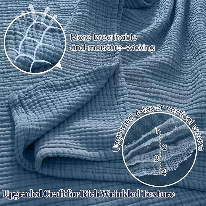PHF 100% Cotton Muslin Blanket Twin XL Size 66"x90", 4-Layer Lightweight Gauze Throw, Breathable Cloud-Soft Minimalist Blanket for Bed, Couch, Camping & Baby, Denim Blue, Ideal Gift