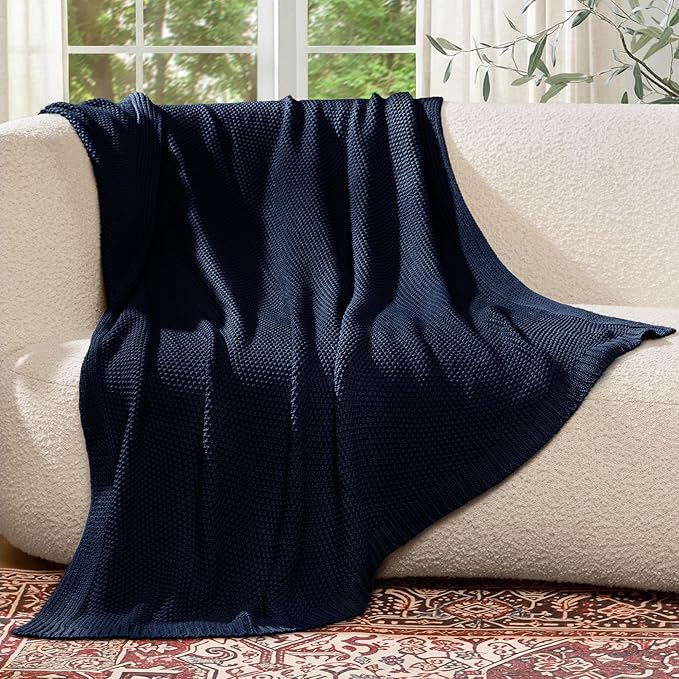 100% Cotton Cable Knit Throw Blanket, Lightweight Soft Knit Blanket for Sofa Couch Bed, Breathable All-Season Throw, Cozy Decorative Blanket, 50 x 60 Inch,Navy