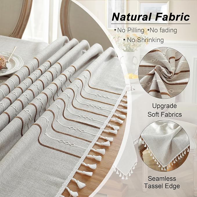 JIALE Tablecloths for Rectangle Tables, Cotton Linen Table Cloth Waterproof Tablecloth Wrinkle Free Farmhouse Dining Tables Cover, Soft Fabric Table Cloths with Tassels, Coffee, 55" X 70", 4-6 Seats
