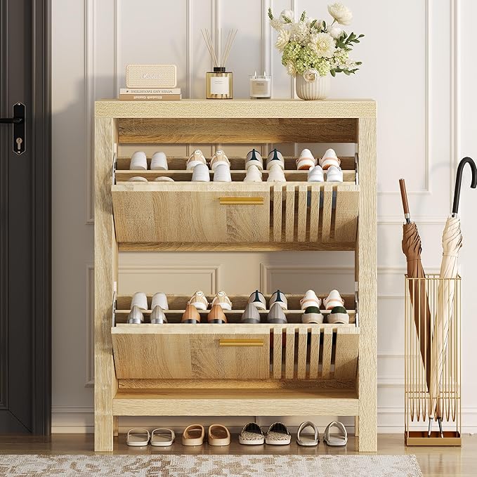 Shoe Storage Cabinet for Entryway with 2 Flip Drawers, 31.5" Narrow Fluted Shoe Organizer Cabinet, Slim Wooden Shoe Rack Cabinet, Freestanding Hidden Shoe Cabinet for Hallway, Entrance (Natural Oak)