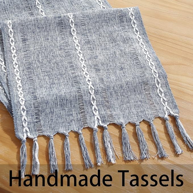 Rustic Boho Table Runner, Farmhouse Table Runners 72 Inches Long for Kitchen Dining Room, 13x72 Inches, Blue Lines