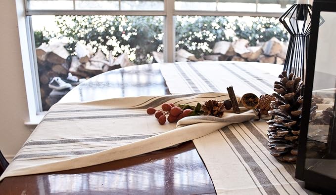Gray Beige Stripped Farmhouse Cotton Table Runner, Dresser Scarf, Coffee Table Runner, Rustic Décor (17Wx54L)
