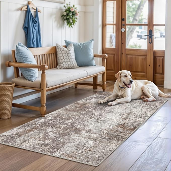 3x5 Washable Entryway Rug – Non-Slip Rubber Backed Small Area Rug for Kitchen, Bedroom, Living Room, Office – Soft Low-Pile Thin Modern Abstract Neutral Throw Rug (Brown Beige, 3x5)