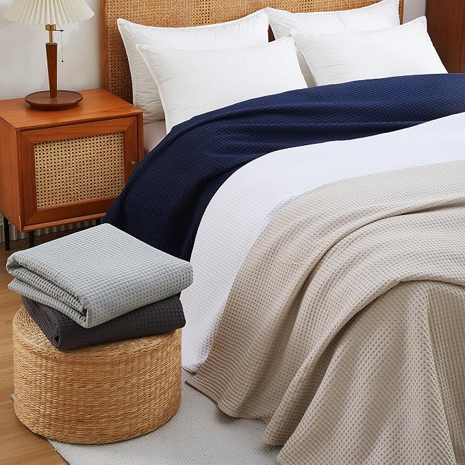 100% Egyptian Cotton Waffle Weave Throw Blanket for Bed Couch Sofa Home Decor, Soft Lightweight Bed & Couch Blanket for All Seasons (Light Khaki - Full Size - 84 * 90")