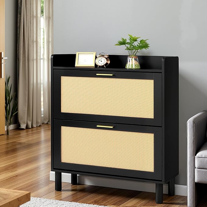 Finnhomy Extended Shoe Cabinet with Natural Rattan Flip Drawers for Entryway, Free Standing 2 Tier Slim Shoe Organizer with Large Top Board, Shoe Cabinet with 3-Gear Adjustable Width Drawers, Black