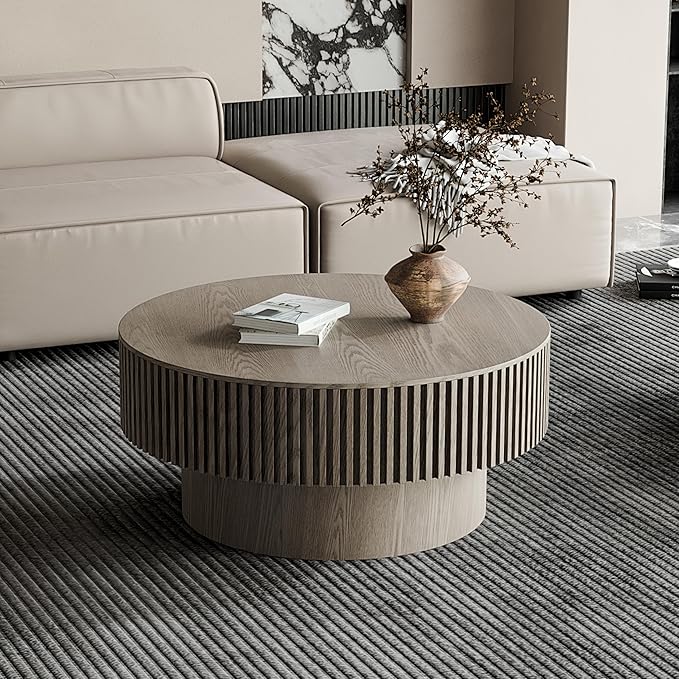 31.5" Storage Coffee Table Round Modern Coffee Table for Living Room, Circle Wood Center Tea Table Drum Accent End Table, with Hidden Space & Sturdy Base & Minimalist Fluted Side, Grey